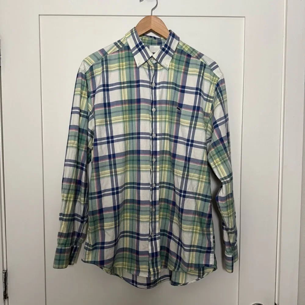 Vineyard Vines Whale Shirt Mens Sz M Green Blue Plaid Long Sleeve Button Down